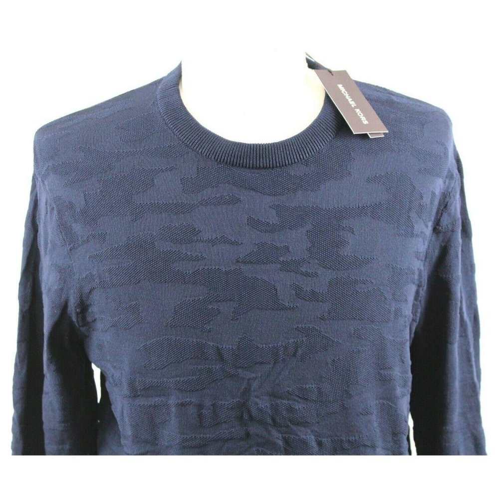 NWT Michael Kors Midnight Techy Camo Crew Nylon Sweater MENS LARGE Navy Blue